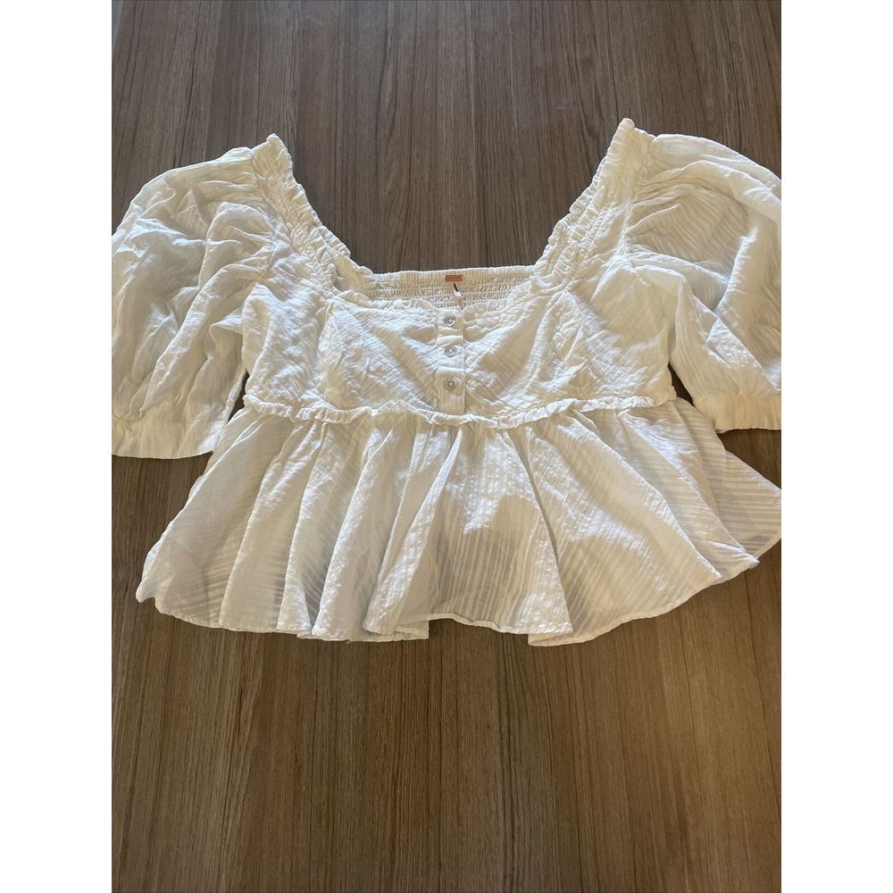 Free People Leave It To Me Babydoll Top Blouse  Puff Sleeves in Ivory Size Small - Picture 4 of 10